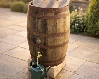 Reclaimed Oak Whiskey Barrel Water Butt – Rustic Rain-water Collector with Brass Tap, Lift-off Lid, Raiser Blocks & Rain-water Diverter