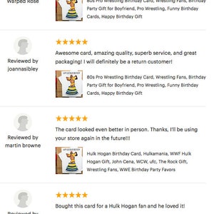 May include: Four customer reviews for a wrestling-themed birthday card. Each review includes a five-star rating, a customer's name, and a photo of the card. The card features a wrestler in a wrestling ring.