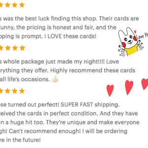 May include: Image of customer reviews with five-star ratings. Text includes positive feedback about cards, mentioning humor, quality, and promptness. A cartoon character with the words "Love It!" and red hearts are also present.