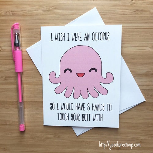 Touch My Butt Octopus, Cute Love Card, Anniversary Card, Love Greeting, Greeting Card, Romantic Card, For Husband, Funny Valentines Day Card