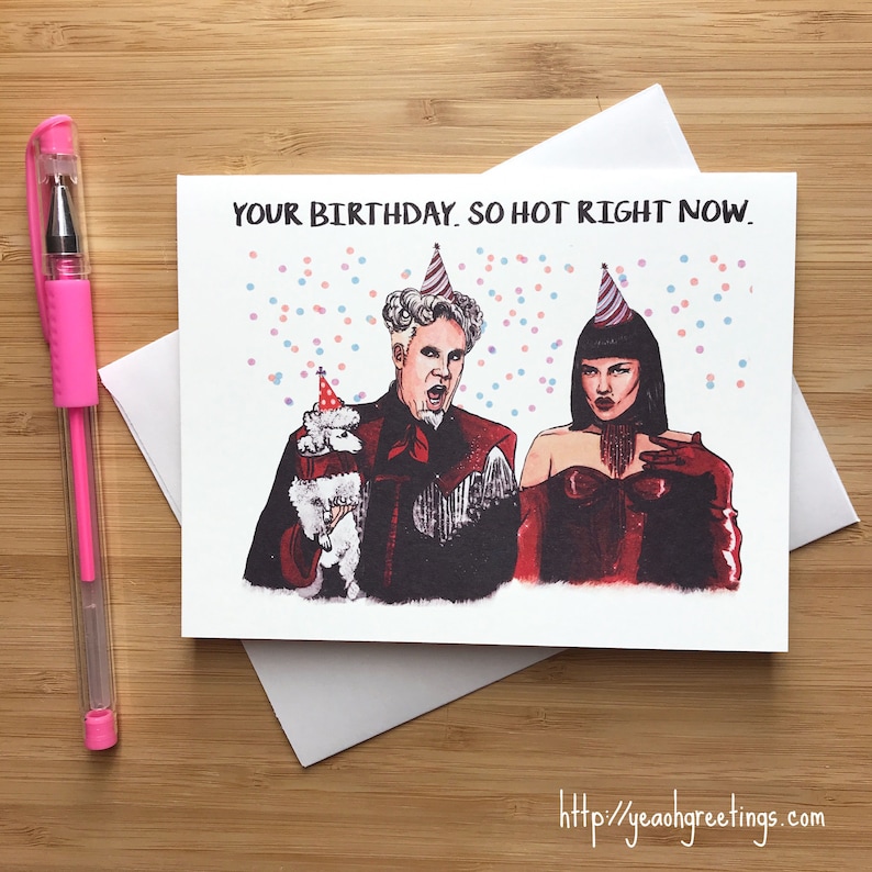 May include: A birthday card featuring a cartoon illustration of two people wearing party hats and confetti. The text on the card reads "Your birthday. So hot right now."