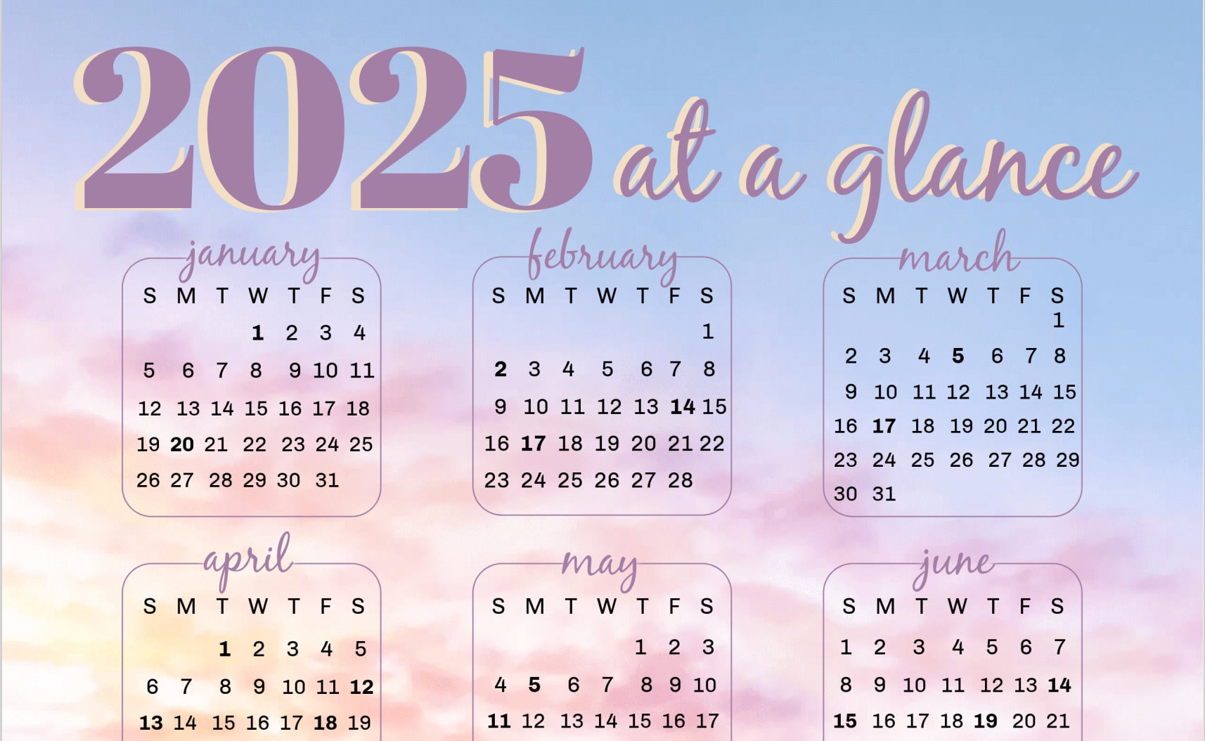 2025 Calendar at a Glance - Sunset - Etsy