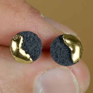 Daily Wear Earrings - Black Porcelain Studs for Men, 24k Gold Lustre, Hypoallergenic, Lightweight OOAK