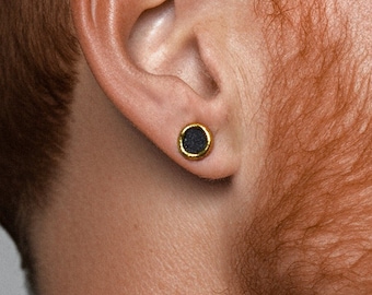 Black and Gold Studs for Men Porcelain Round Earrings OOAK Unique Simple Modern Discreet Ceramic Jewelry Brother Gift Idea