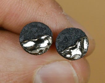 Stud Earrings Men Black Porcelain - Textured Ceramic, Platinum Accent, 5mm 9mm 11mm Minimalist Design