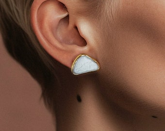 Ceramic Half Moon Earrings, White Matte Textured Studs, Aesthetic Stud Earrings 24k Gold Plated, Statement Geometric Porcelain Gift Idea