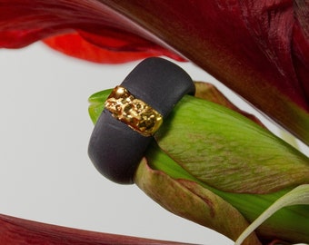 Ceramic ring matte black porcelain jewelry gold plated luxurious statement large bold cocktail ring midi two tone handmade anxiety jewellery