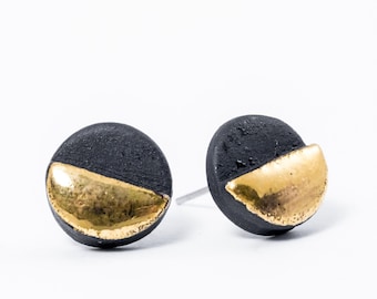 mens earrings, OOAK jewelry, one of a kind jewelry, porcelain jewelry, stud earrings men, black and gold earring, round earrings, SE004