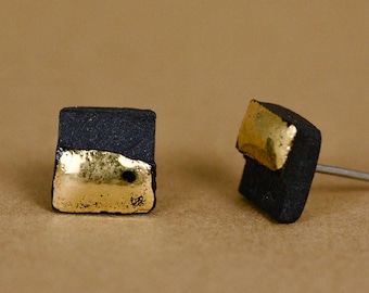 Square Stud Earrings - Mens Black Porcelain Studs, 24k Gold Lustre Edge, OOAK