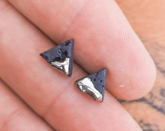 Geometric Studs for Men Black Porcelain Platinum Triangles Contemporary Huggies Tiny Textured Earrings OOAK Jewelry Christmas Gift Him