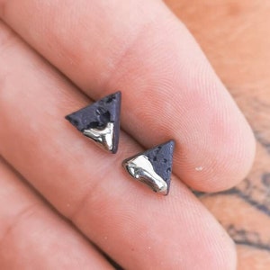 Geometric Studs for Men Black Porcelain Platinum Triangles Contemporary Huggies Tiny Textured Earrings OOAK Jewelry Christmas Gift Him