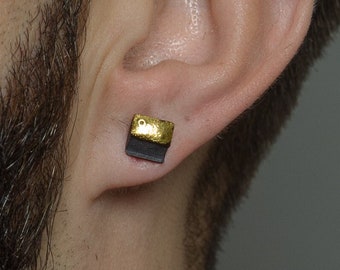 Mens Earrings Square Studs for Men Black Porcelain with Gold Geometric Shape Flat Huggies OOAK Minimalist Fashion Earrings Fiance Gift Idea