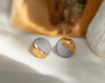 Grey Studs for Men with Gold Accent Circular Mini Porcelain Earrings OOAK Unique Nordic Everyday Party Jewelry Christmas Gift Him