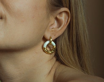 Double Hoop Porcelain Earrings, Oversized Ceramic Huggie Hoop Earrings, Round 24k Gold And White Detachable Jewelry For Women