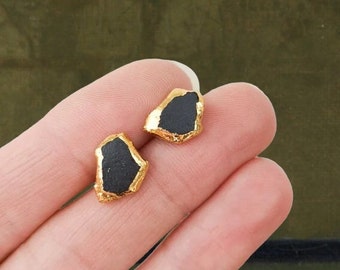 Luxury Geometric Studs Bold Gold and Black Porcelain Asymmetrical Earrings Edgy OOAK Statement Jewelry Valentine Gift Him