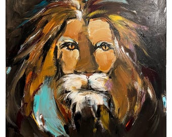 Original Lion Painting on a Wood Panel Art