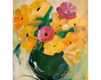 Original Flower Painting on a Wood Panel Yellow Art