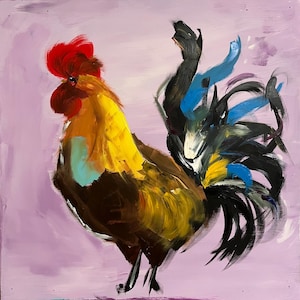 Rooster Painting on a Wood Panel Purple Original Art Chicken