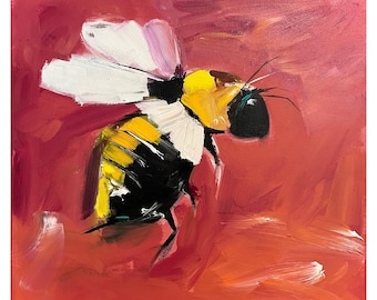 Original Bee Painting on Canvas Pink Art