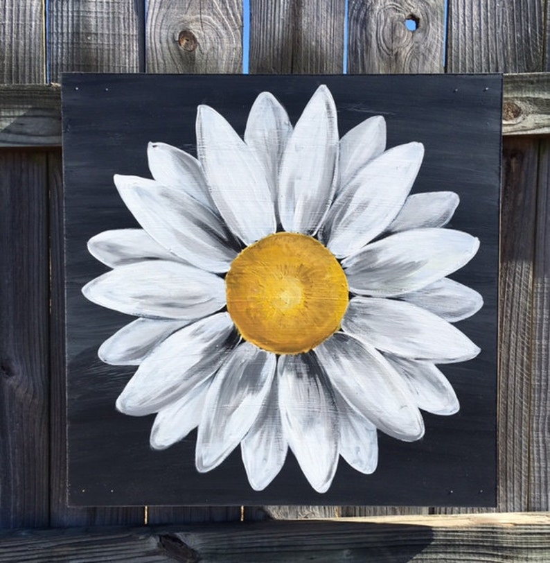 Daisy Painting on Wood Panel Original Flower Art Black and Etsy