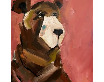 Bear Painting on a Wood Panel Original Art Pink