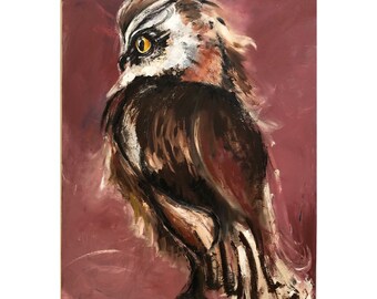 Original Owl Painting on a Wood Panel Large Owl Art