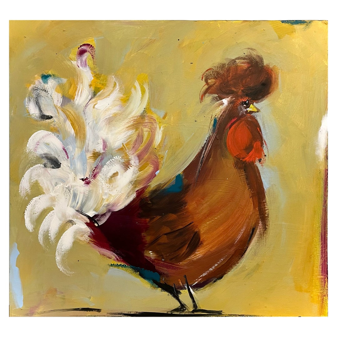 Original Rooster Painting on a Wood Panel Chicken Art Etsy