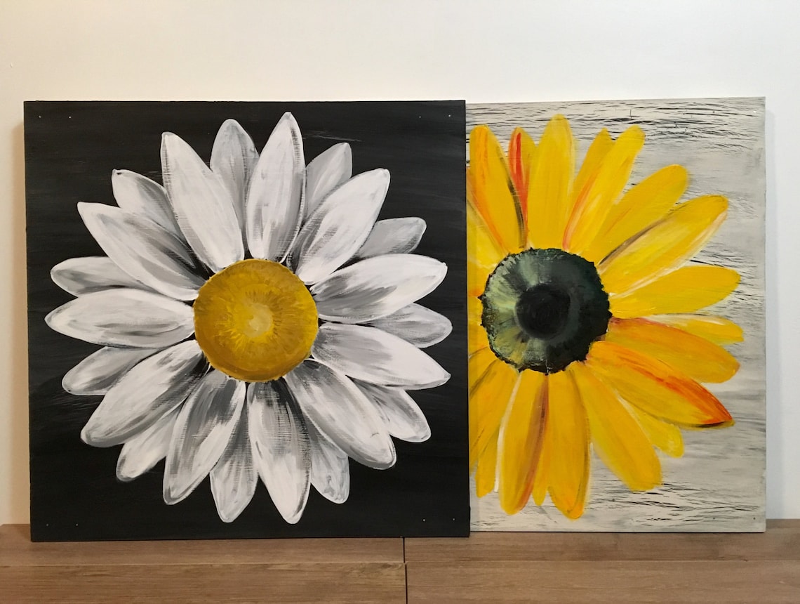 Daisy Painting on Wood Panel Original Flower Art Black and Etsy