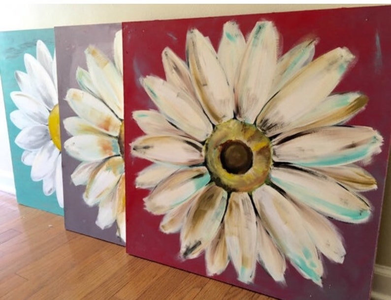 Original Daisy Painting on Wood Panel Red Blue Flower Art | Etsy
