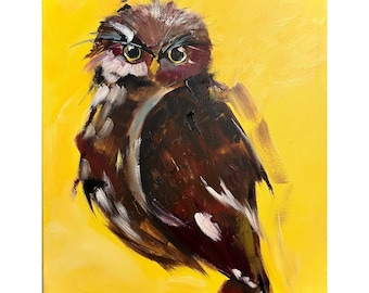 Original Barn Owl Painting on Canvas Yellow Art