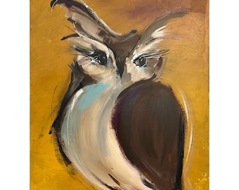 Original Owl Painting on a Wood Panel Art