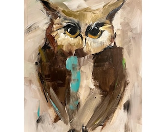 Original Owl Painting on a Wood Panel Art