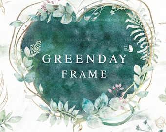 Green Day - Frames - Watercolor Clipart - Foliate - Leaves Clipart - Botanical - Green - Floral - Wedding Invitation - Greeting Card - PNG