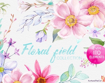 FLORAL FIELD collection Hand Painted, Floral, Peonies, Rose, Wedding Invitation, Greeting Card, DIY Clip Art