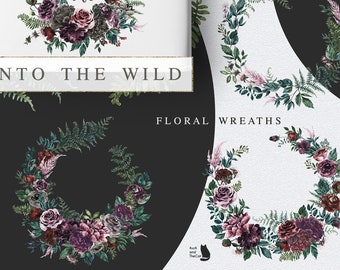 Into the Wild - Floral Wreaths-Watercolor Graphic-Burgundy Wreaths-Red Flowers-Black Flowers-Burgundy Flowers-Wedding Clipart