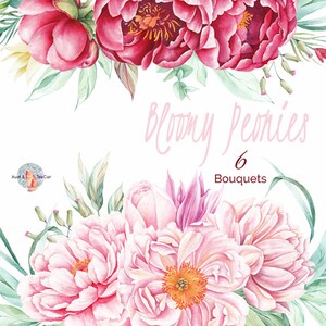 Aquarela Bloomy Peônias Buquê de Flores Pintadas à Mão, Floral, Peônias Convite de Casamento, Cartão de Felicitações, DIY Clip Art