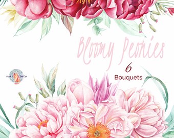 Watercolor Bloomy Peonies Bouquet Flowers Hand Painted, Floral, Peonies Wedding Invitation, Greeting Card, DIY Clip Art