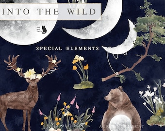 Into the Wild - Starry Night Special Elements-Watercolor-Moon-Star-Forest-Tree-Flower Bush-Deer-Fox-Bear-Wolf-Wedding Clipart