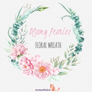 Watercolor Bloomy Peonies Pink Wreath Flowers Hand Painted, Floral, Peonies Wedding Invitation, Greeting Card, DIY Clip Art image 1
