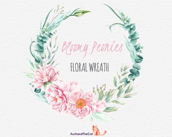 Watercolor Bloomy Peonies Pink Wreath Flowers Hand Painted, Floral, Peonies Wedding Invitation, Greeting Card, DIY Clip Art