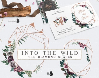 Into the Wild - Diamond Shapes Frames-Watercolor Graphic-Burgundy Bouquets-Floral Frames-Peonies-Rose-Rose Gold Frames-Wedding Clipart