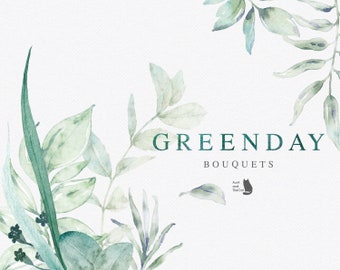 Green Day - Bouquets - Watercolor Clipart - Foliate - Leaves Clipart - Botanical - Green - Floral - Wedding Invitation - Greeting Card