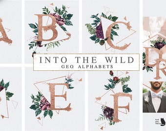 Into the Wild - Geo Alphabets-Gold Dust-Watercolor Graphic-Watercolor Alphabets-Geometrics- Flowers-Florals-Peonies-Rose-Wedding Clipart