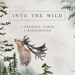 Dans la nature - Premade Cards-Foggy Atmosphere-Watercolor Graphic-Fox-Deer-Bear-Wolf-Pine Tree-Fern-Fog-Wedding Clipart