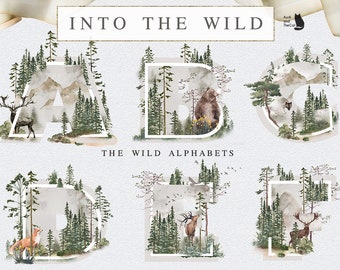 Into the Wild - The Wild Alphabets-Watercolor Graphic-Watercolor Alphabets-Animals-Fog Forest-Pine tree-Deer-Fox-Bear-Wolf-Wedding Clipart