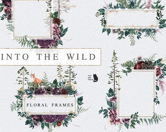 Into the Wild - Floral Frames-Watercolor Graphic-Burgundy Bouquets-Red Flowers-Botanical Floral Frames-Gold Frames-Deer-Fox-Wedding Clipart