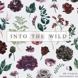 Into the Wild Floral Elements-Watercolor Graphic-Burgundy Flowers-Red Flowers-Black Flowers-Floral Elements-Wedding Clipart image 1