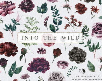 Into the Wild - Floral Elements-Watercolor Graphic-Burgundy Flowers-Red Flowers-Black Flowers-Floral Elements-Wedding Clipart