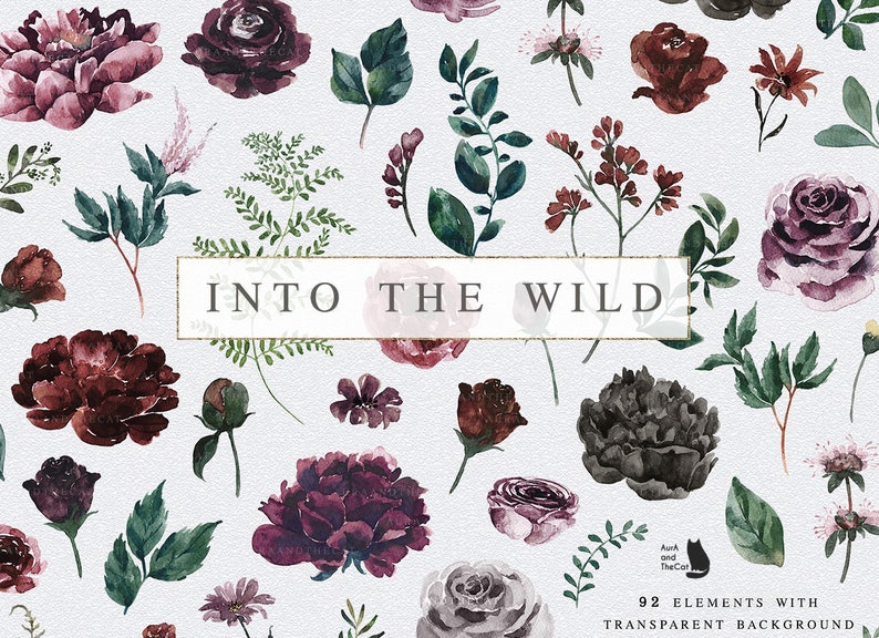 Into the Wild Floral Elements-Watercolor Graphic-Burgundy Flowers-Red Flowers-Black Flowers-Floral Elements-Wedding Clipart image 1