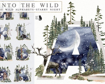 Into the Wild - The Wild Alphabets Starry Night-Watercolor Alphabets-Moon-Star-Fog Forest-Pine tree-Deer-Fox-Bear-Wolf-Wedding Clipart